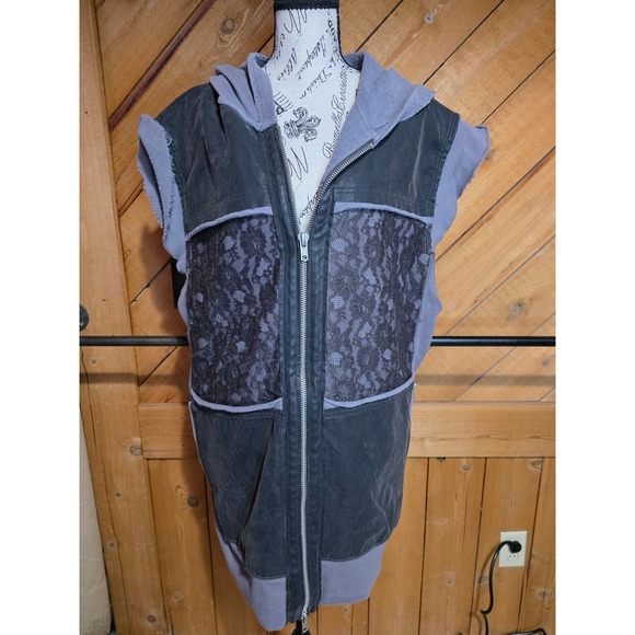 Free People Jackets & Blazers - We The‎ Free Free People Bethel Mixed Media Lace Faux Leather Zip Hoodie Vest L